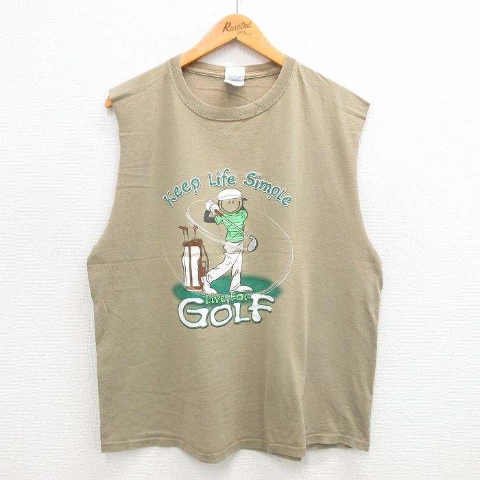 【50%OFF】L★古着 ビンテージ ノースリーブ Tシャツ メンズ 00年代 00s ゴルフ コットン クルーネック ベージュ系 カーキ 24jul18 中古