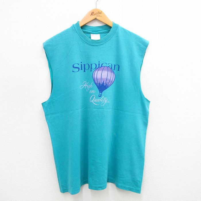 【50%OFF】XL★古着 ヘインズ Hanes ビンテージ ノースリーブ Tシャツ メンズ 90年代 90s 気球 コットン クルーネック USA製 青緑 24jul20 中古