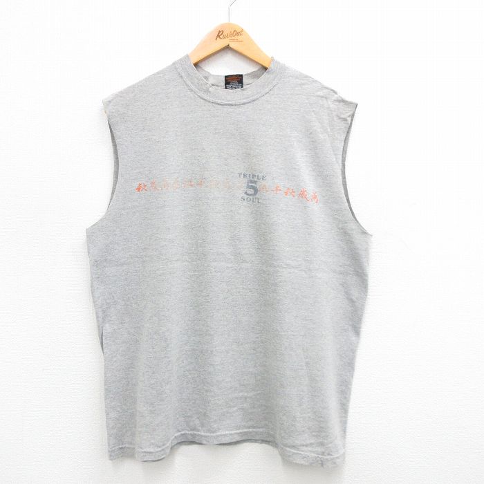 L★古着 ビンテージ ノースリーブ Tシャツ メンズ 00年代 00s 漢字 TRIPLE 5 SOUL コットン クルーネック グレー 霜降り 24jul31 中古