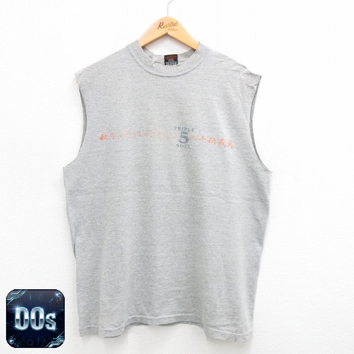 00s ノースリーブTシャツ 漢字 グレー L | 古着
