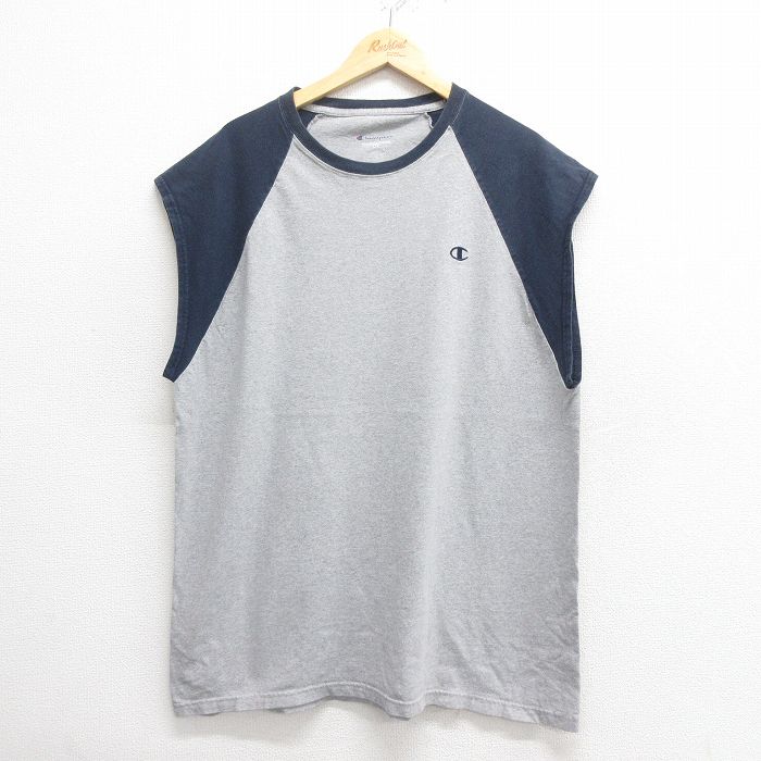 XL★古着 チャンピオン champion ノースリーブ Tシャツ メンズ ワンポイントロゴ 大きいサイズ ツートンカラー クルーネック グレー 霜降り 25may27 中古