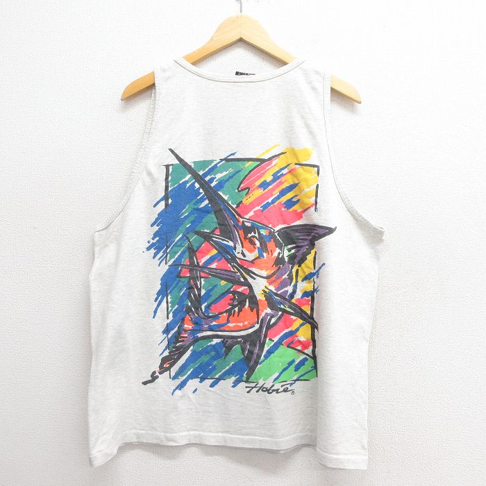 XL★古着 ホビー ビンテージ タンクトップ メンズ 90年代 90s 魚 大きいサイズ コットン USA製 グレー 霜降り 25may28 中古