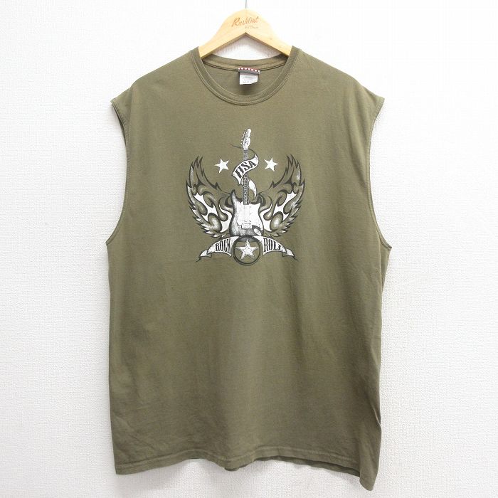 【50%OFF】XL★古着 ビンテージ ノースリーブ Tシャツ メンズ ロックンロール コットン クルーネック 緑 グリーン 25may28 中古