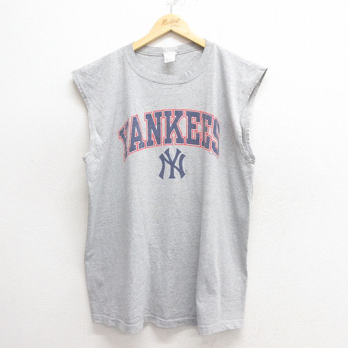 XL★古着 ビンテージ ノースリーブ Tシャツ メンズ 00年代 00s MLB ニューヨークヤンキース 大きいサイズ クルーネック グレー 霜降り メジャーリーグ ベースボール 野球 25may28 中古
