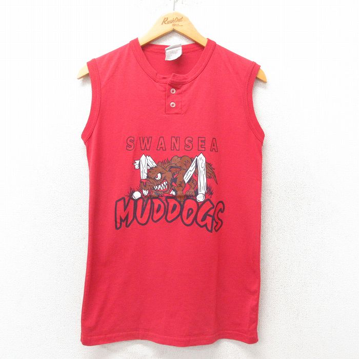 S★古着 ビンテージ ノースリーブ Tシャツ メンズ 00年代 00s 犬 ヘンリーネック 赤 レッド 25jun06 中古
