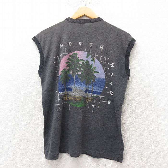 M★古着 ビンテージ ノースリーブ Tシャツ メンズ 80年代 80s ヤシの木 クルーネック グレー 25jun06 中古