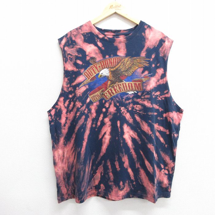 【50%OFF】XL★古着 ノースリーブ Tシャツ メンズ 鳥 大きいサイズ コットン クルーネック 紺他 ネイビー タイダイ 25jun07 中古