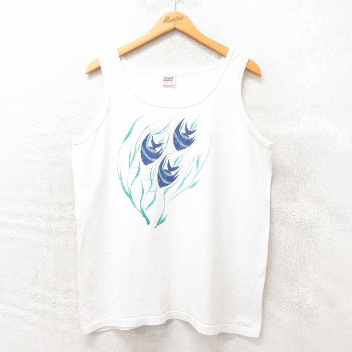 XL★古着 ビンテージ タンクトップ メンズ 90年代 90s 魚 コットン USA製 白 ホワイト 25jun07 中古