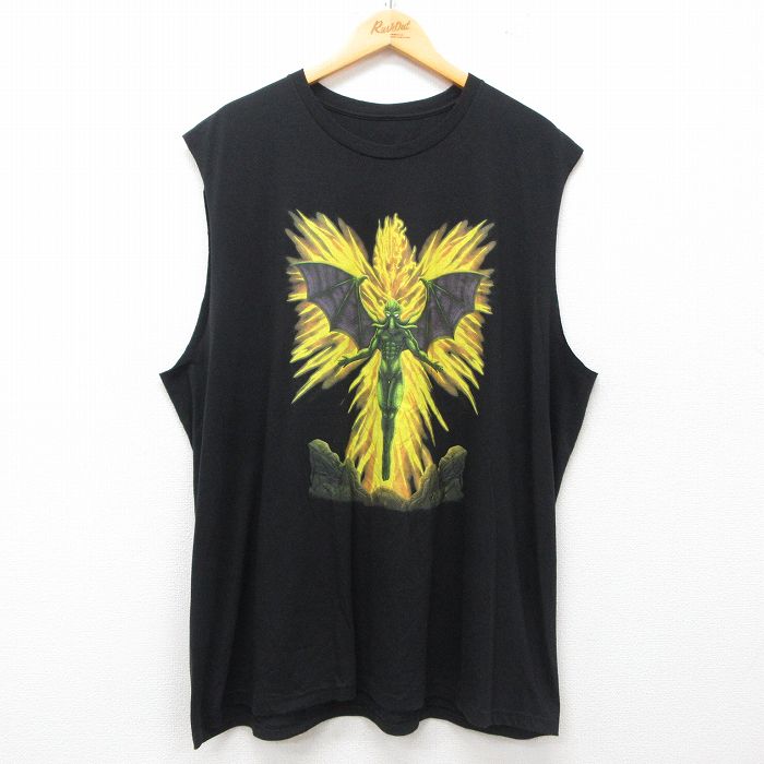 【50%OFF】XL★古着 ノースリーブ Tシャツ メンズ モンスター 大きいサイズ クルーネック 黒 ブラック 25jun07 中古