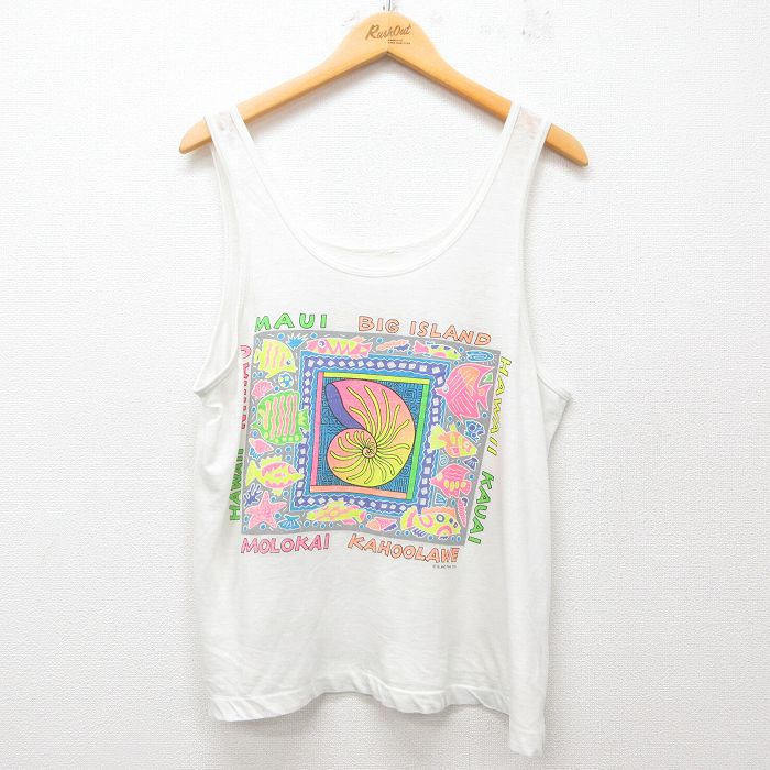L★古着 ビンテージ タンクトップ メンズ 90年代 90s ハワイ 貝殻 魚 クルーネック 白 ホワイト 25jun07 中古