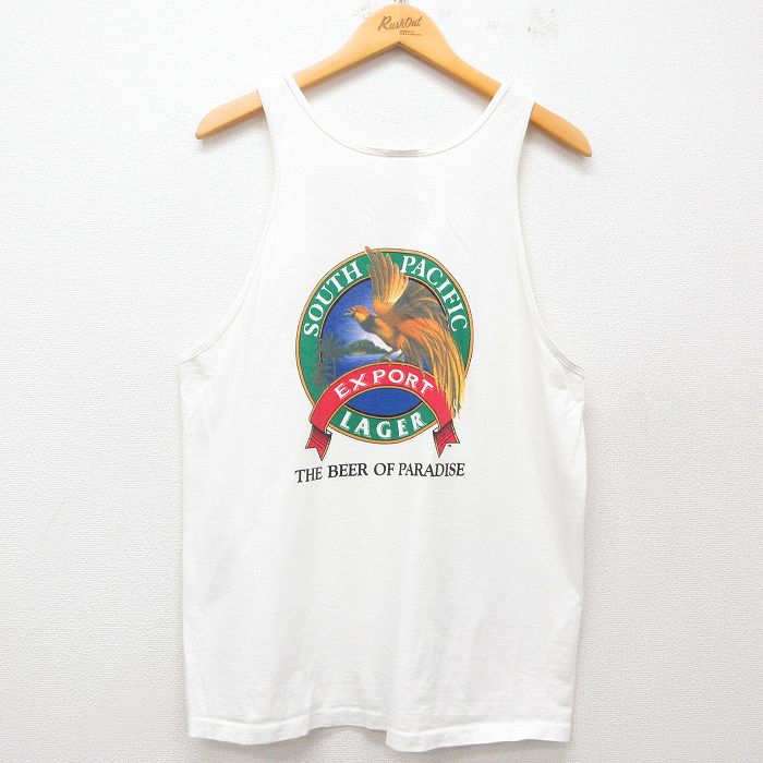 L★古着 Crazy Shirts ビンテージ タンクトップ メンズ 90年代 90s SOUTH PACIFIC ビール コットン クルーネック USA製 白 ホワイト 25jun07 中古