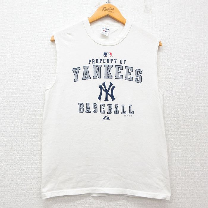 M★古着 ジャージーズ ビンテージ ノースリーブ Tシャツ メンズ 00年代 00s MLB ニューヨークヤンキース コットン クルーネック 白 ホワイト メジャーリーグ ベースボール 野球 25jun07 中古