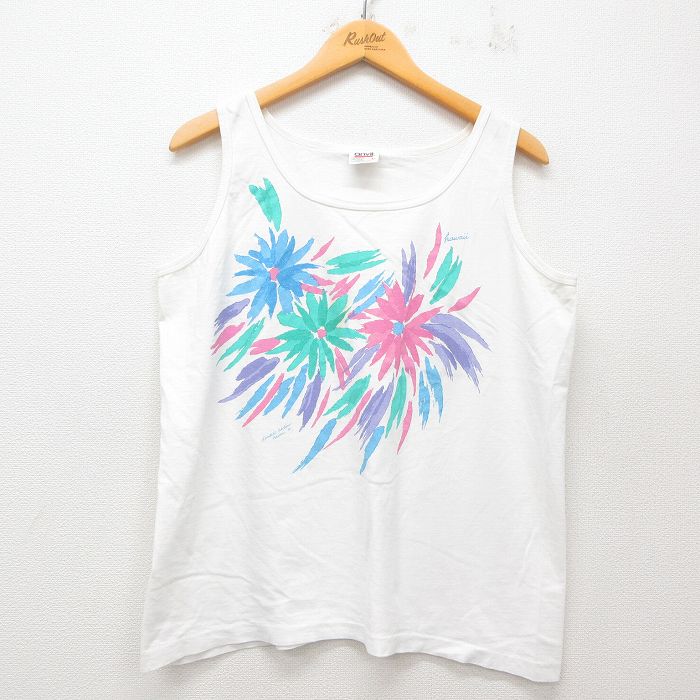 【50%OFF】L★古着 ビンテージ タンクトップ メンズ 90年代 90s 花 コットン クルーネック USA製 白 ホワイト 25jun07 中古