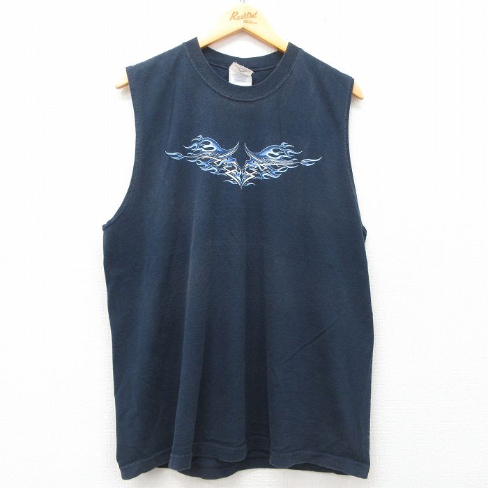 XL★古着 ノースリーブ ビンテージ Tシャツ メンズ 00年代 00s トライバル柄 コットン クルーネック 紺 ネイビー 25jun07 中古