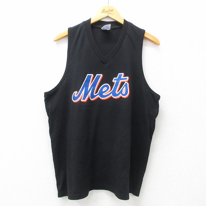 L★古着 マジェスティック ビンテージ タンクトップ メンズ 00年代 00s MLB ニューヨークメッツ Vネック 黒 ブラック メジャーリーグ ベースボール 野球 25jun09 中古