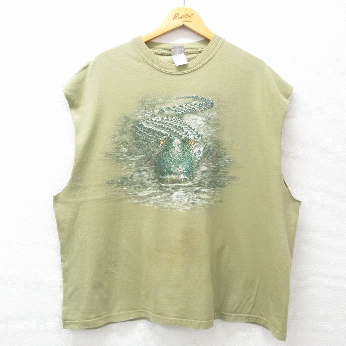 XL★古着 ヘインズ Hanes ノースリーブ ビンテージ Tシャツ メンズ 00年代 00s ワニ 大きいサイズ コットン クルーネック 緑 グリーン 25jun09 中古