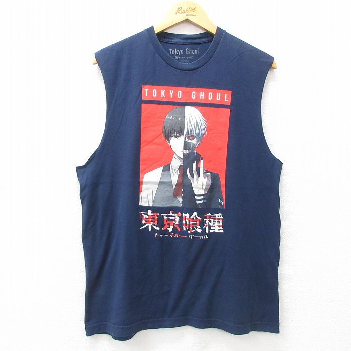 【50%OFF】L★古着 ノースリーブ Tシャツ メンズ アニメ 東京喰種 トーキョーグール コットン クルーネック 紺 ネイビー 25jun09 中古