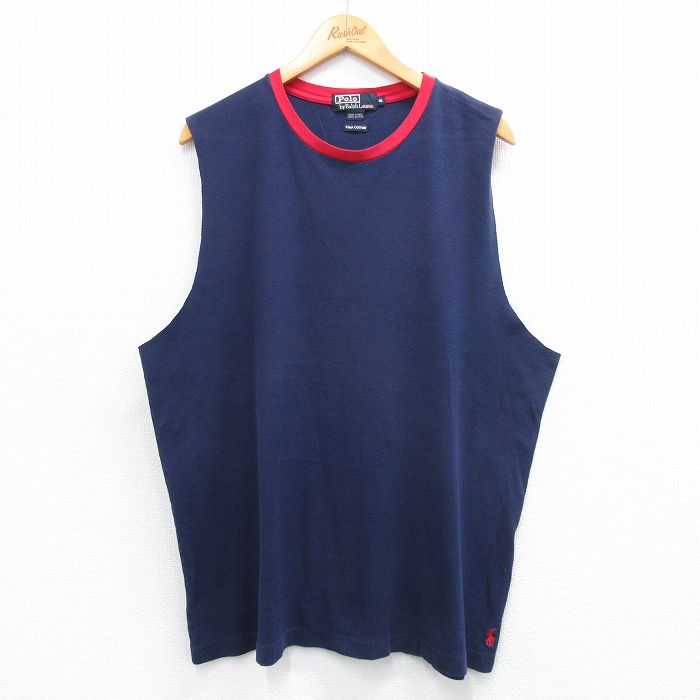 XL★古着 ラルフローレン Ralph Lauren ノースリーブ ブランド Tシャツ メンズ 90年代 90s ワンポイントロゴ 大きいサイズ コットン クルーネック 紺他 ネイビー 25jun09 中古