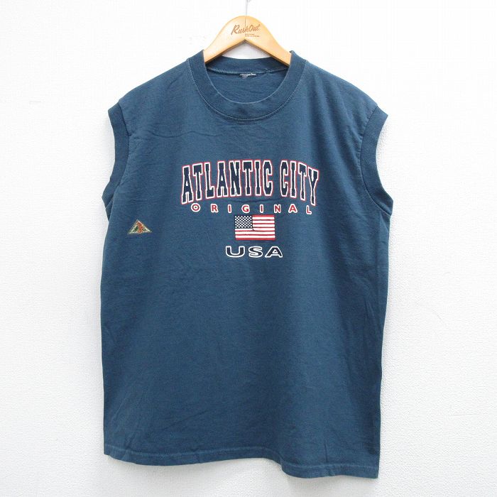 【20%OFF】L★古着 ノースリーブ ビンテージ Tシャツ メンズ 00年代 00s ATLANTIC CITY 星条旗 クルーネック 紺 ネイビー 25jun09 中古