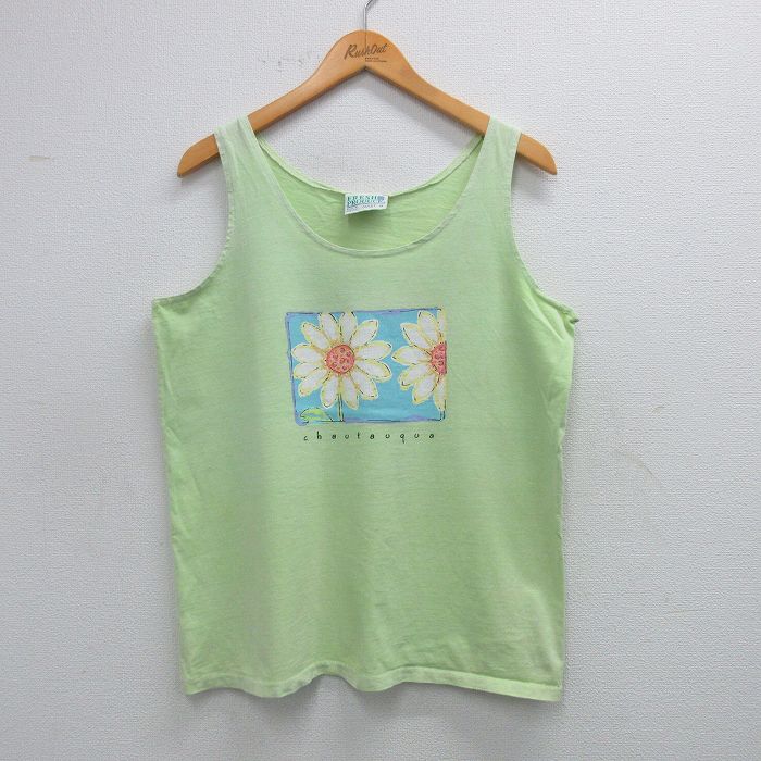 【50%OFF】L★古着 ビンテージ タンクトップ メンズ 90年代 90s 花 コットン クルーネック USA製 黄緑 25jun09 中古
