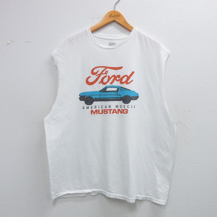 XL★古着 ノースリーブ Tシャツ メンズ フォード マスタング 大きいサイズ コットン クルーネック 白 ホワイト 25jun09 中古