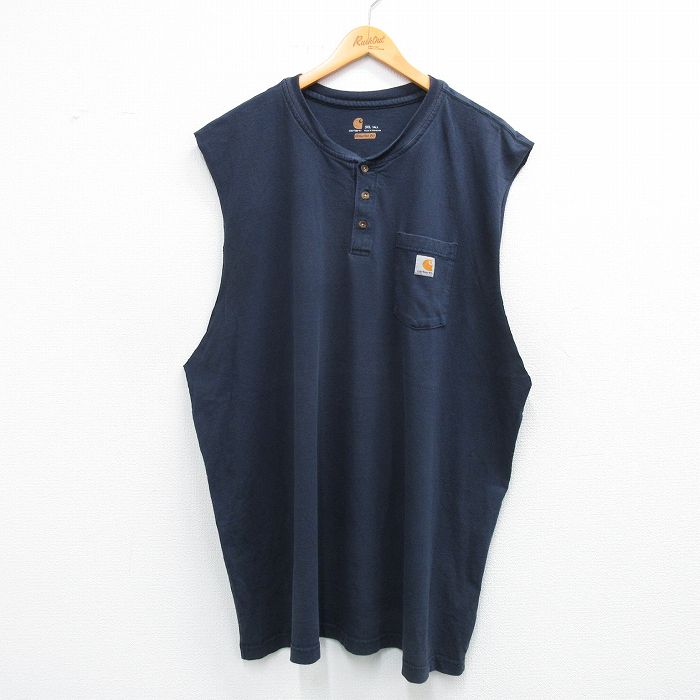 XL★古着 カーハート Carhartt ノースリーブ Tシャツ メンズ ワンポイントロゴ 胸ポケット付き 大きいサイズ ロング丈 コットン クルーネック 濃紺 ネイビー 25jun09 中古