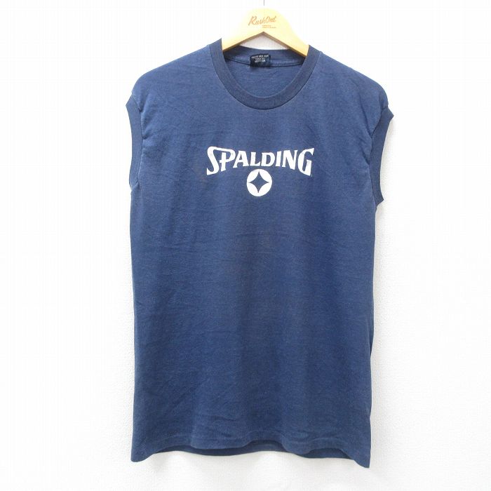 L★古着 スポルディング ノースリーブ ビンテージ Tシャツ メンズ 90年代 90s ビッグロゴ クルーネック USA製 紺 ネイビー 25jun21 中古