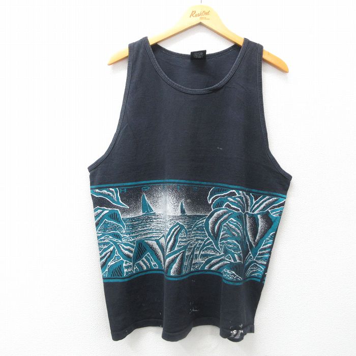 XL★古着 ビンテージ タンクトップ メンズ 90年代 90s ヨット 葉 大きいサイズ コットン クルーネック USA製 黒 ブラック 25jun21 中古