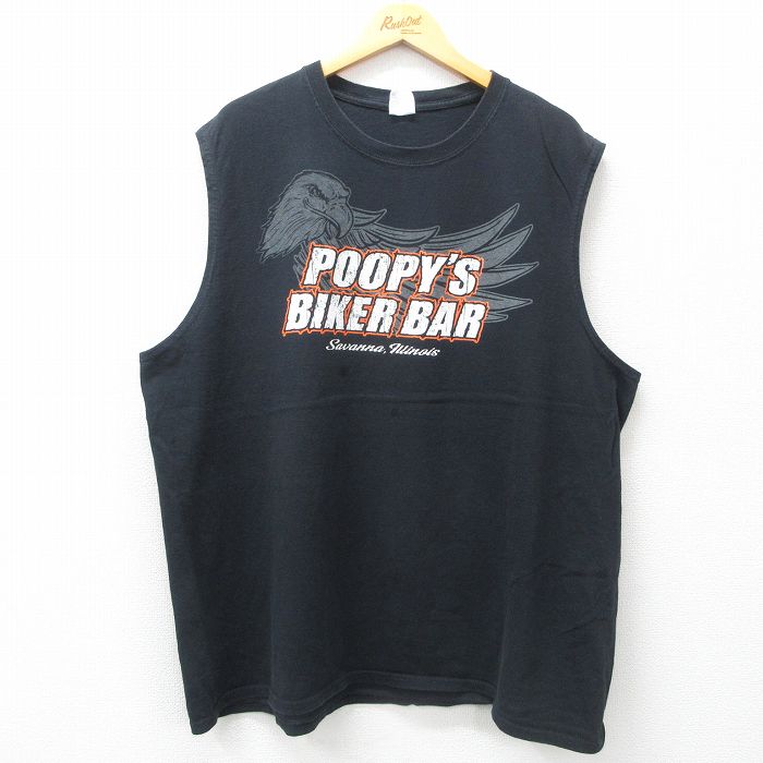 XL★古着 ノースリーブ Tシャツ メンズ POOPYS BIKER BAR 大きいサイズ コットン クルーネック 黒 ブラック 25jun21 中古