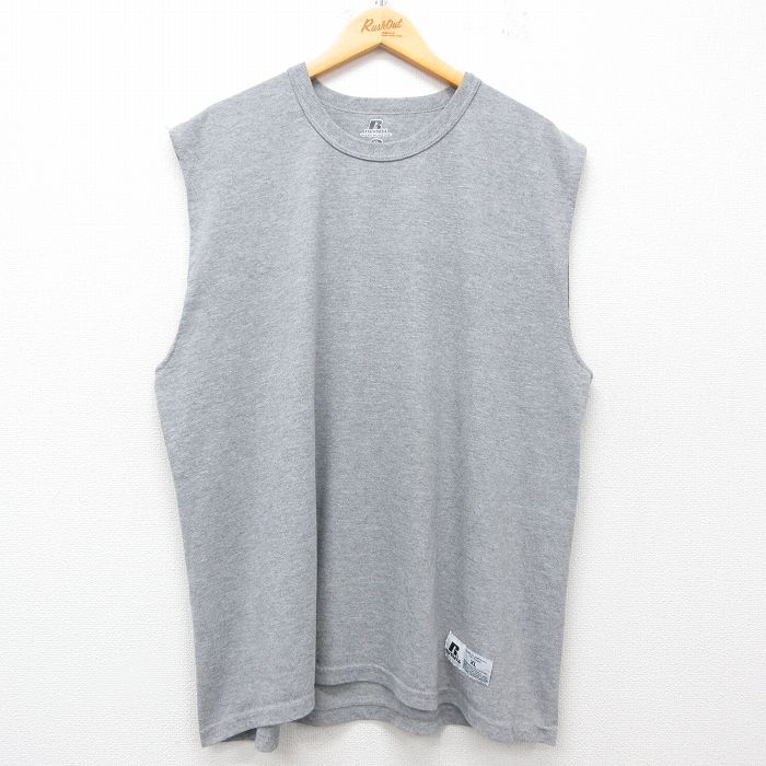 XL★古着 ラッセル ノースリーブ Tシャツ メンズ 無地 大きいサイズ クルーネック グレー 霜降り 25jun21 中古