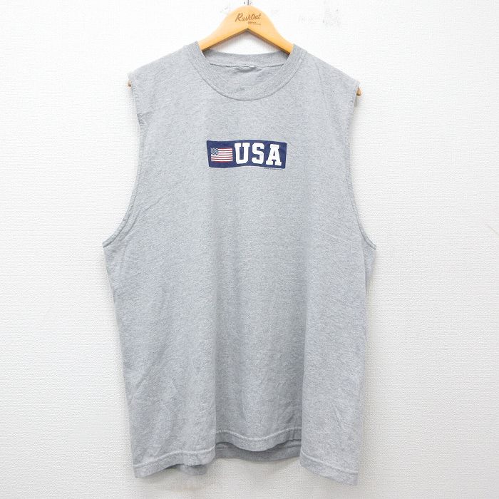 XL★古着 ノースリーブ ビンテージ Tシャツ メンズ 00年代 00s USAロゴ 星条旗 大きいサイズ クルーネック グレー 霜降り 25jun21 中古