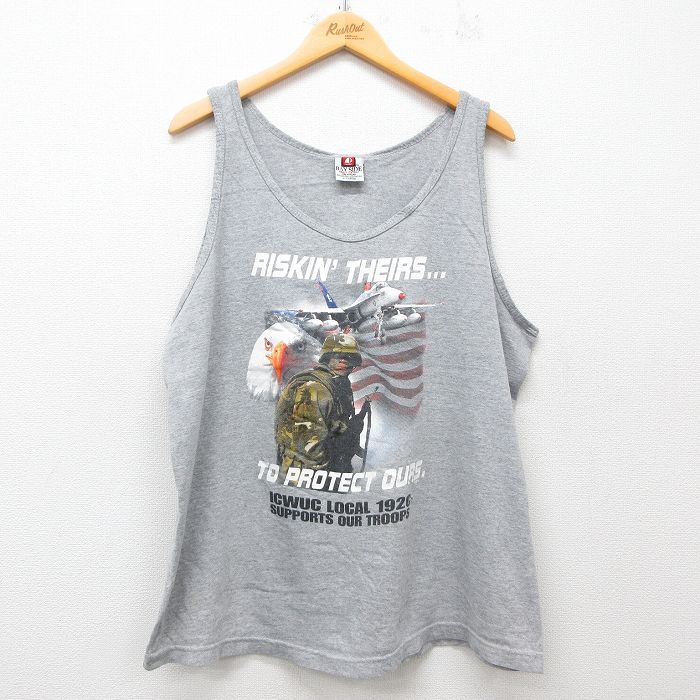 XL★古着 ビンテージ タンクトップ メンズ 90年代 90s 軍人 星条旗 鳥 大きいサイズ コットン クルーネック USA製 グレー 霜降り 25jun21 中古