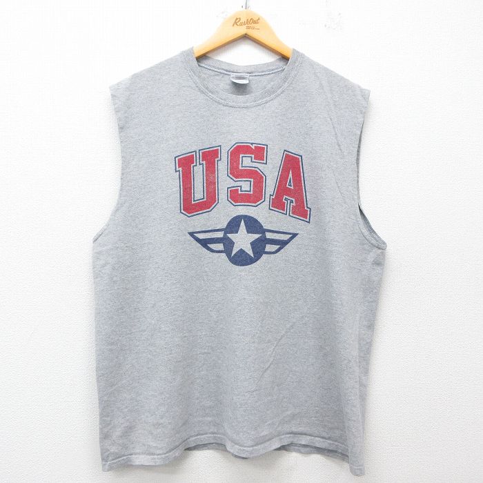 XL★古着 ノースリーブ ビンテージ Tシャツ メンズ 00年代 00s ミリタリー USAロゴ 大きいサイズ クルーネック グレー 霜降り 25jun21 中古