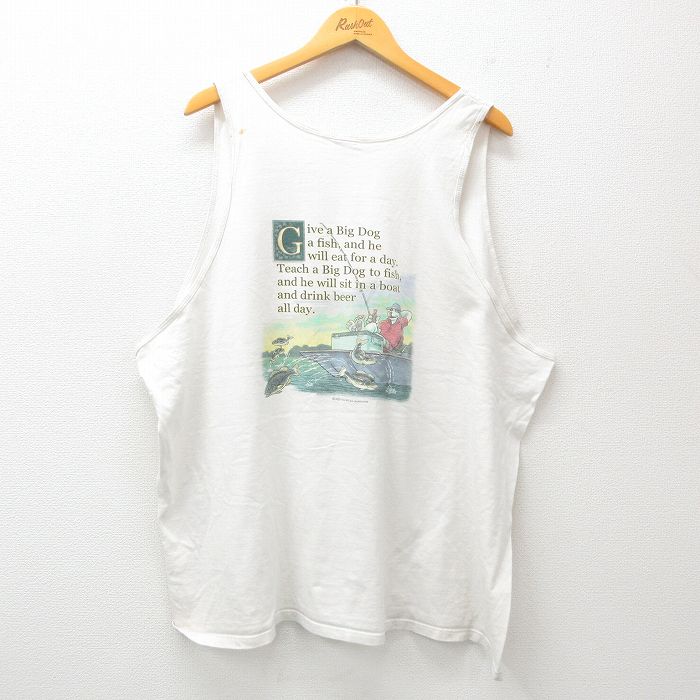 XL★古着 ビッグドッグス ビンテージ タンクトップ メンズ 00年代 00s 犬 魚 釣り 大きいサイズ クルーネック 白 ホワイト 25jun26 中古