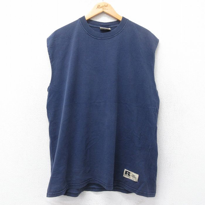 XL★古着 ラッセル ノースリーブ ビンテージ Tシャツ メンズ 00年代 00s 無地 コットン クルーネック 紺 ネイビー 25jun26 中古