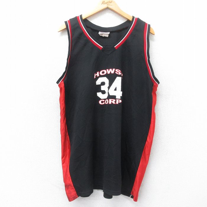 XL★古着 タンクトップ メンズ HOWSE CORP 34 メッシュ地 大きいサイズ ロング丈 Vネック 黒他 ブラック ユニフォーム ゲームシャツ 25jun26 中古