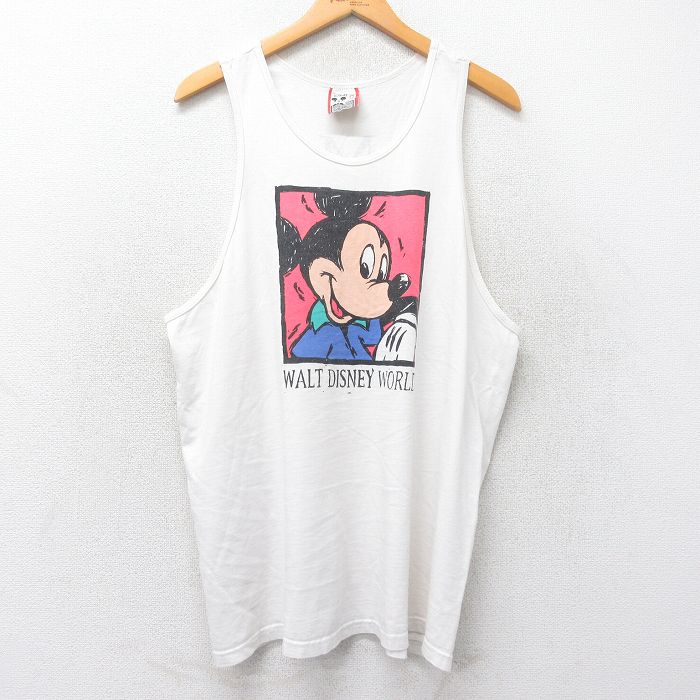 XL★古着 ビンテージ タンクトップ メンズ 90年代 90s ディズニー DISNEY ミッキー MICKEY MOUSE コットン クルーネック USA製 白 ホワイト 25jun26 中古