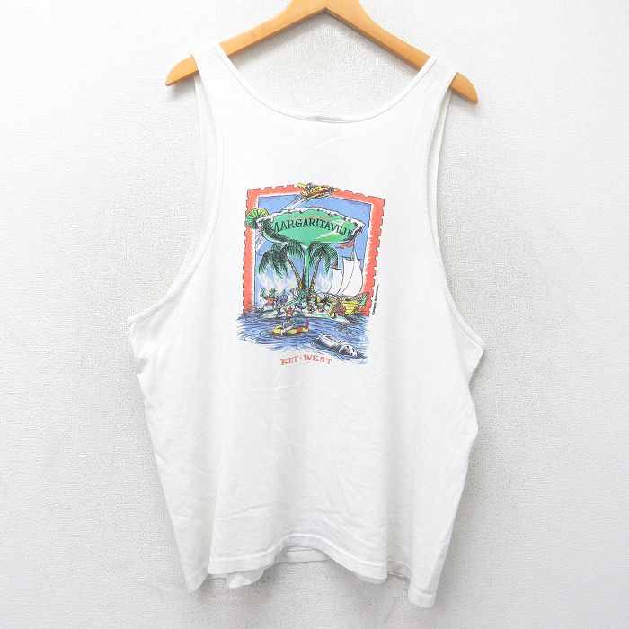 XL★古着 ヘインズ Hanes ビンテージ タンクトップ メンズ 90年代 90s ジミーバフェット MARGARITAVILLE 大きいサイズ コットン クルーネック USA製 白 ホワイト 25jun26 中古