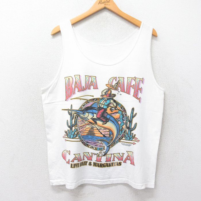 L★古着 ビンテージ タンクトップ メンズ 90年代 90s BAJA CAF? カジキ クルーネック 白 ホワイト 25jun26 中古
