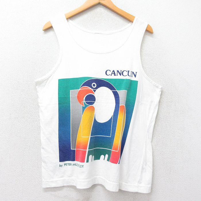 L★古着 ビンテージ タンクトップ メンズ 90年代 90s カンクン 鳥 クルーネック 白 ホワイト 25jun26 中古