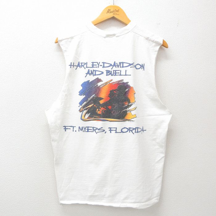 XL★古着 ノースリーブ ビンテージ Tシャツ メンズ 90年代 90s ハーレーダビッドソン Harley Davidson BUELL バイク クルーネック 白 ホワイト 25jun26 中古
