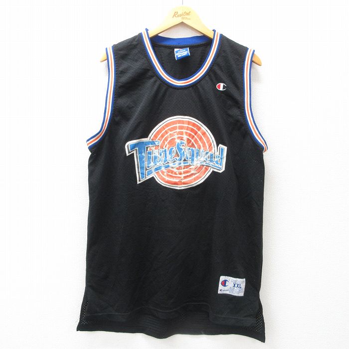 【20%OFF】XL★古着 チャンピオン champion ノースリーブ ビンテージ Tシャツ メンズ 90年代 90s Tune Squad タズ メッシュ地 大きいサイズ クルーネック 黒他 ブラック ユニフォーム ゲームシャツ 【spe】 25jun26 中古