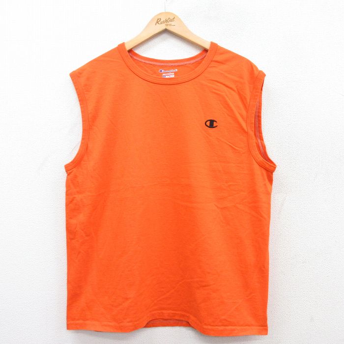 XL★古着 チャンピオン Champion ノースリーブ Tシャツ メンズ ワンポイントロゴ コットン クルーネック オレンジ 25jun28 中古