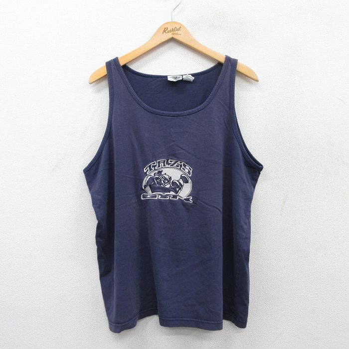 XL★古着 ビンテージ タンクトップ メンズ 00年代 00s タズ ジム 刺繍 大きいサイズ コットン クルーネック 紺 ネイビー 25jun28 中古
