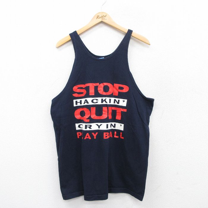 L★古着 チャンピオン Champion ビンテージ タンクトップ メンズ 90年代 90s HOOP IT UP ロング丈 コットン クルーネック USA製 紺 ネイビー 【spe】 25jun28 中古