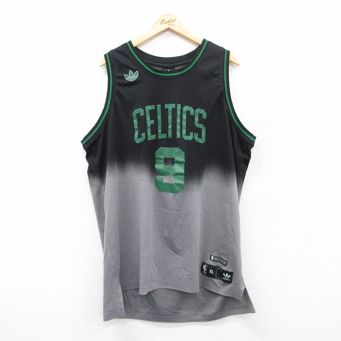 XL★古着 アディダス adidas タンクトップ メンズ NBA ボストンセルティックス ワンポイントロゴ リーフ トレフォイル 大きいサイズ ロング丈 コットン 黒他 ブラック バスケットボール 25jun28 中古