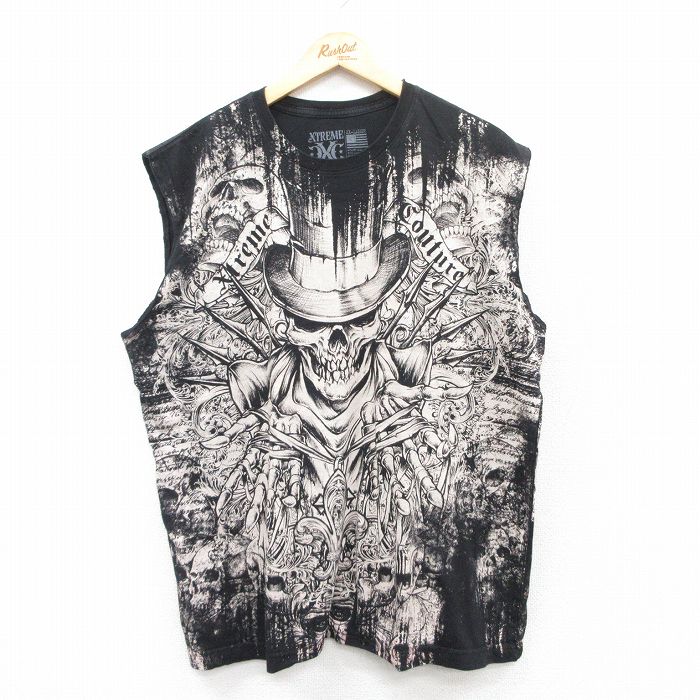 XL★古着 ノースリーブ Tシャツ メンズ スカル 大きいサイズ コットン クルーネック 黒他 ブラック 25jun28 中古