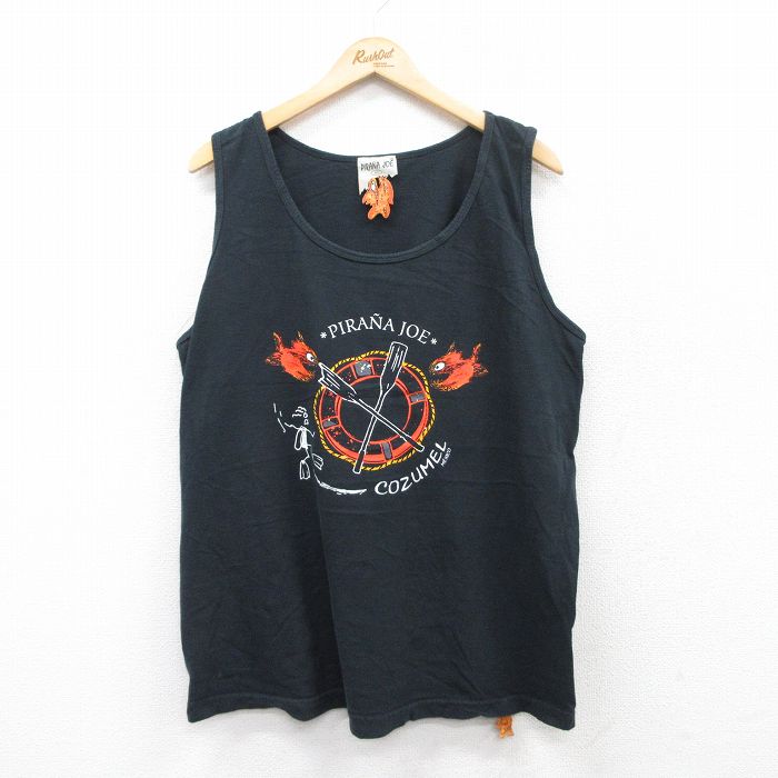 XL★古着 タンクトップ メンズ PIRANA JOE コットン クルーネック 黒 ブラック 25jun28 中古
