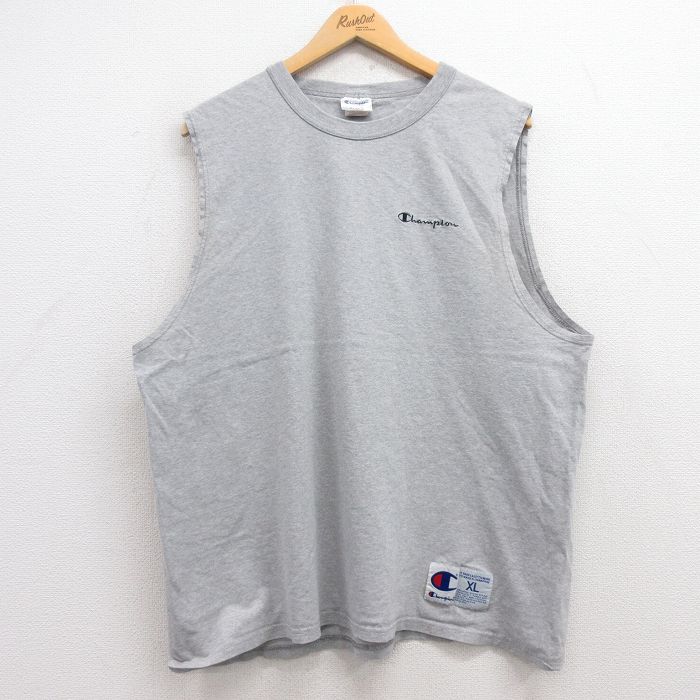 XL★古着 チャンピオン Champion ビンテージ ノースリーブ Tシャツ メンズ 00年代 00s ワンポイントロゴ 大きいサイズ コットン クルーネック グレー 霜降り 25jun28 中古