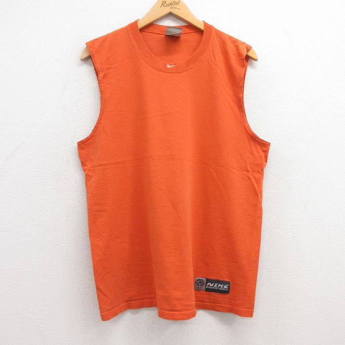 L★古着 ナイキ NIKE ビンテージ ノースリーブ Tシャツ メンズ ワンポイントロゴ センタースウォッシュ コットン クルーネック USA製 オレンジ 【spe】 25jun28 中古